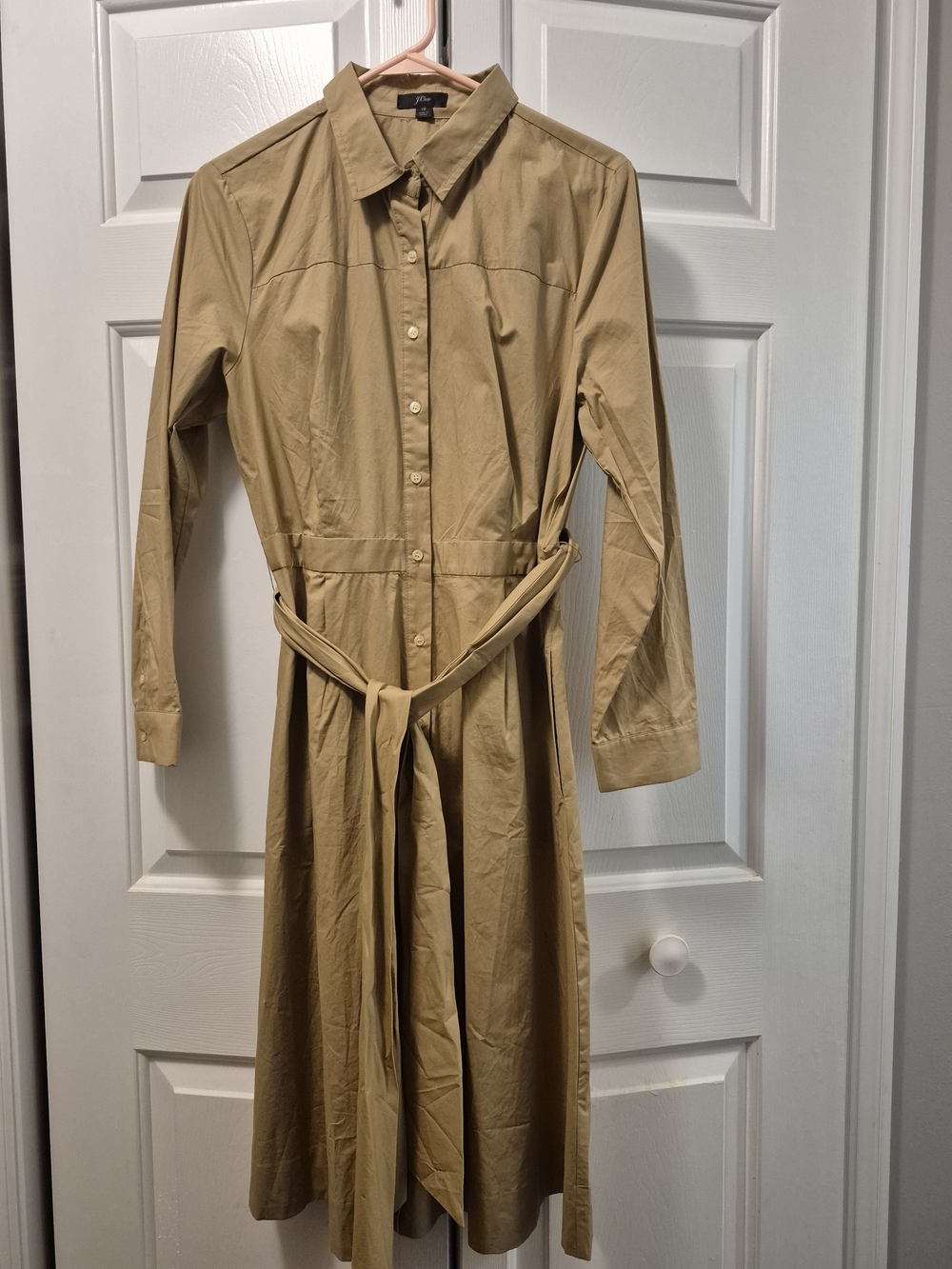 J CREW Khaki Tan Button-Front Shirt Dress with Tie Belt, Sz 12.